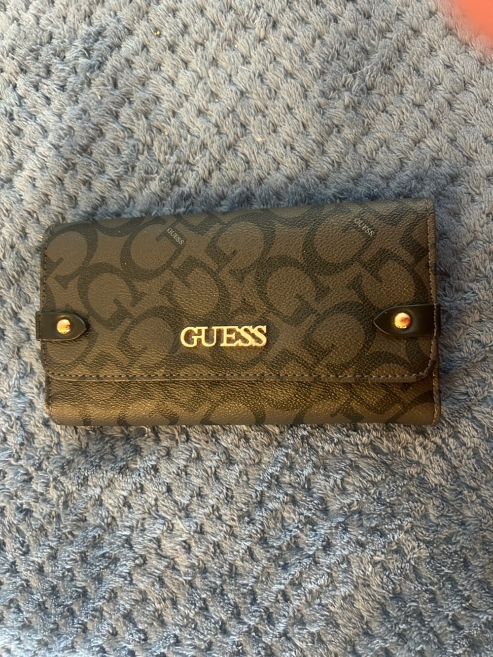 GUESS Black Logo Continental Wallet with Gold Hardware